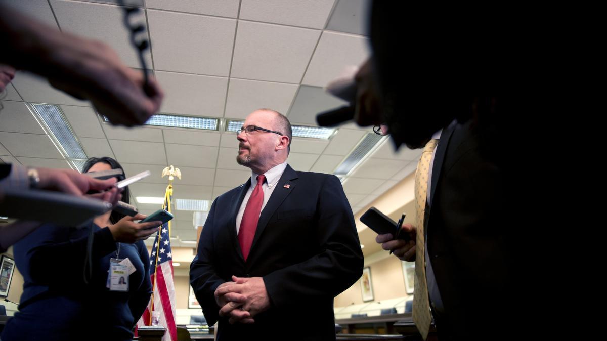 
Then-gubernatorial candidate Tim Donnelly talks to members of the press after he promoted a bill on concealed weapons permits court ruling on Monday, April 28, 2014.
