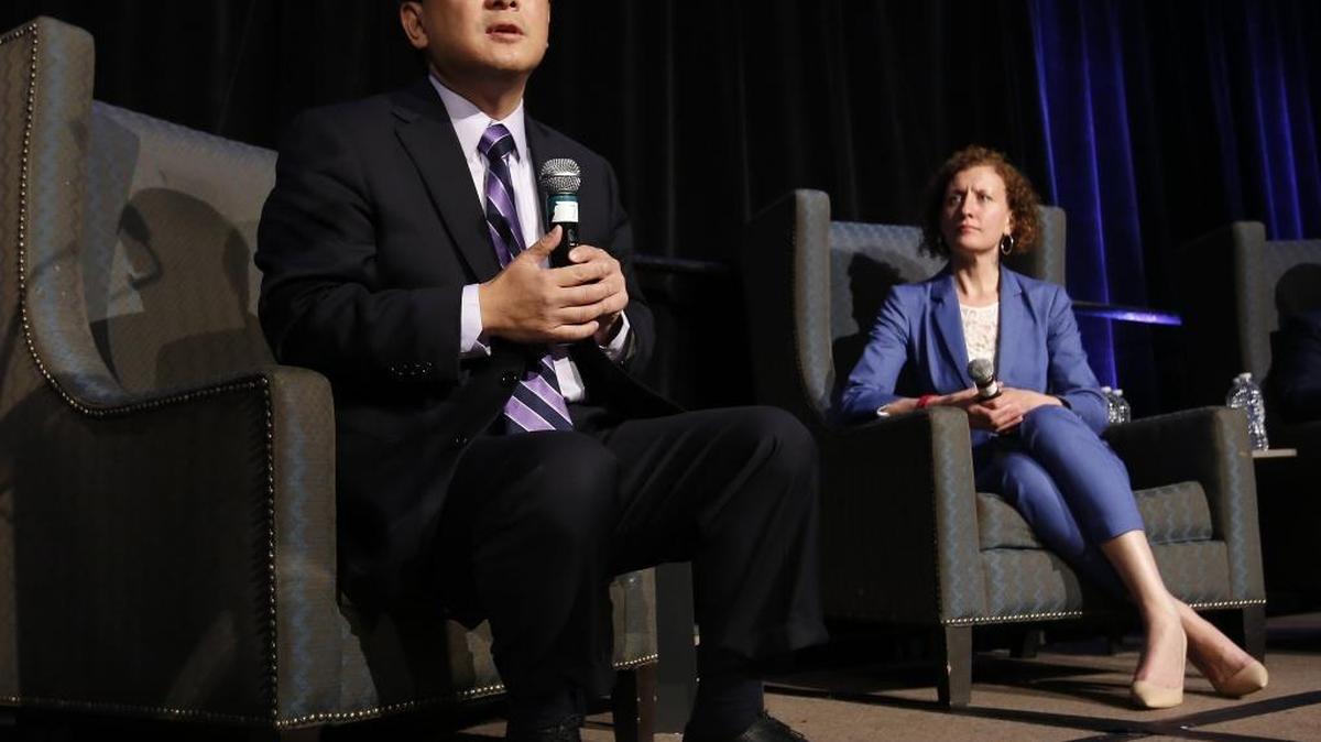 Treasurer John Chiang, a candidate for governor, speaks at a gubernatorial candidates forum, Tuesday, April 4, 2017, in Sacramento, Calif.