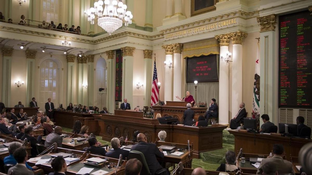 His Holiness the 14th Dalai Lama addresses the California State Legislature in the Assembly Chamber on June 20, 2016.