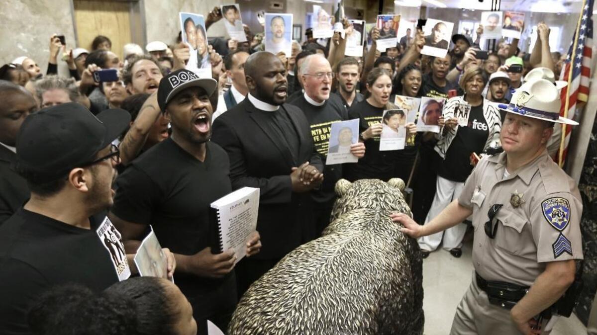 Activists on Sept. 2, 2015 urged then Gov. Jerry Brown to sign a law that required California law enforcement agencies to disclose data on traffic stops. The Department of Justice on Jan. 2, 2020 released a report on data compiled since Brown signed the law showing that black drivers are stopped by police more often than people of other races. 

