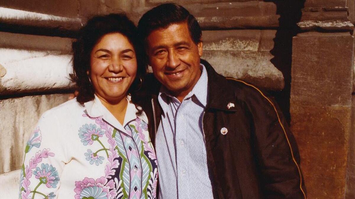 This 1974 photo provided by the Cesar Chavez Foundation shows, Cesar Chavez, right, and wife Helen Chavez, during a European tour promoting the grape boycott in London. Helen Chavez, widow of civil rights and labor leader Cesar Chavez, has Monday at age 88. (Cesar Chavez Foundation via AP)