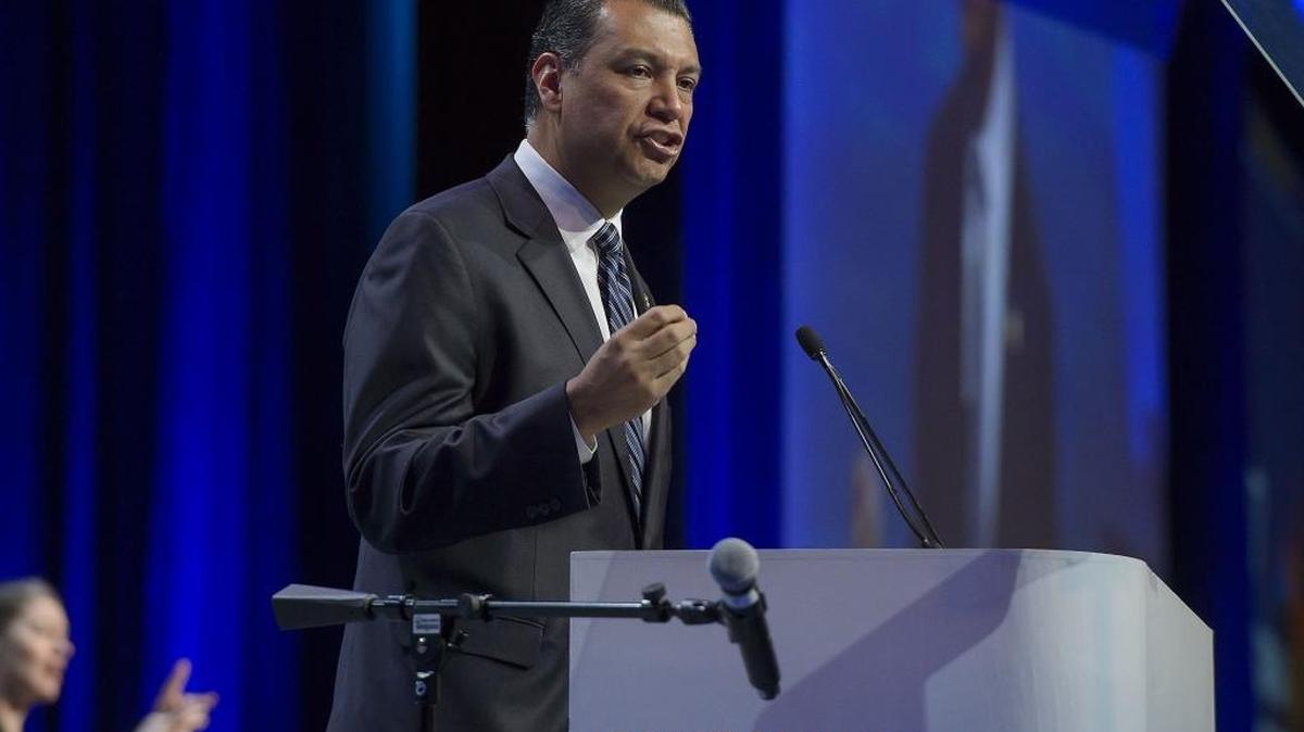 California Secretary of State Alex Padilla speaks during the California Democratic Convention at the Sacramento Convention Center in Sacramento on Saturday, May 20, 2017. Padilla said the state will not wait help from the federal government to protect its election systems.