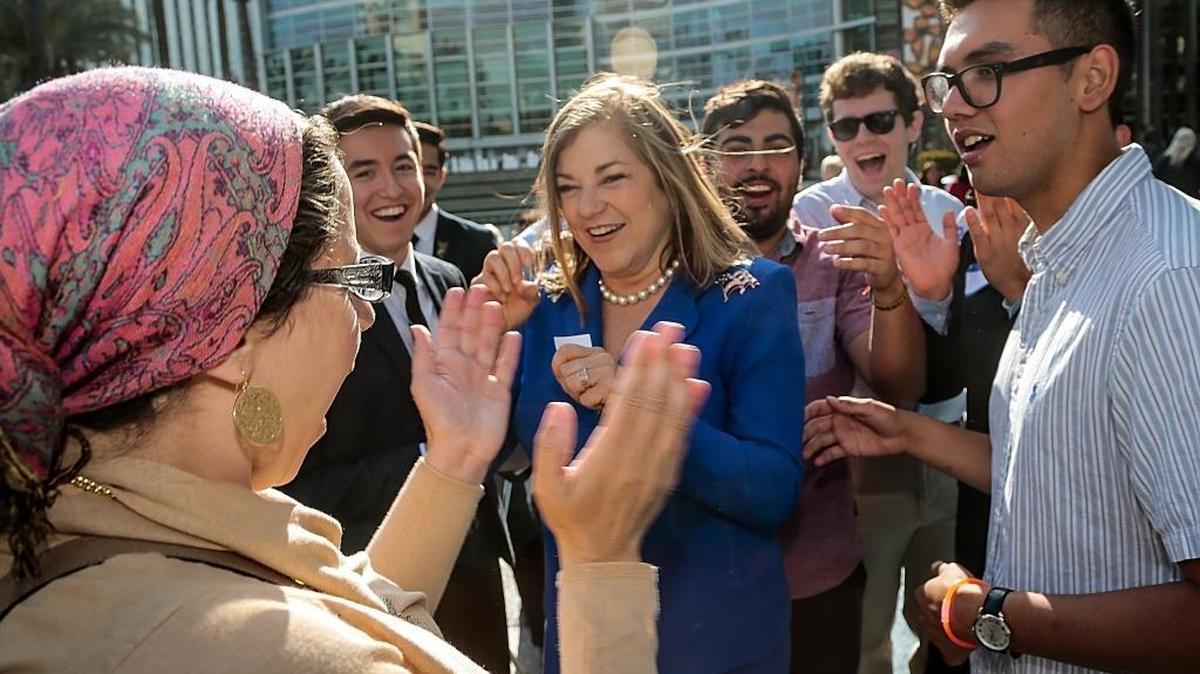 Rep. Loretta Sanchez, middle, greets supporters at the California Democratic Party convention last year.
