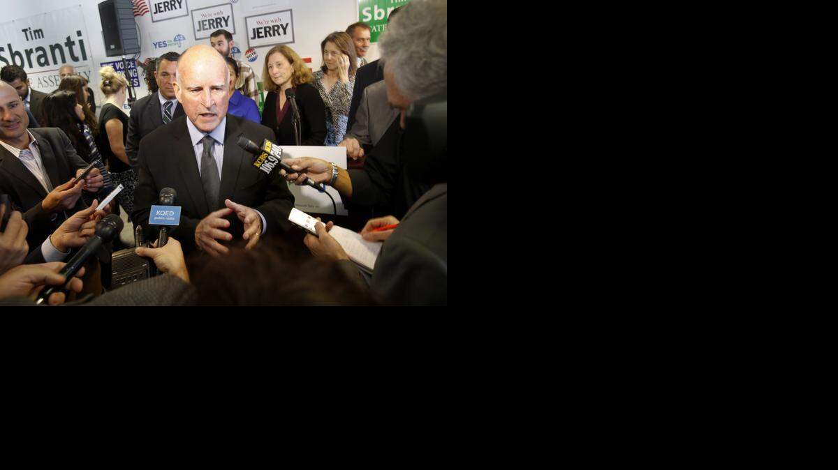 
Gov. Jerry Brown speaks with reporters on Monday October 27, 2014 in Pleasanton, Calif.
