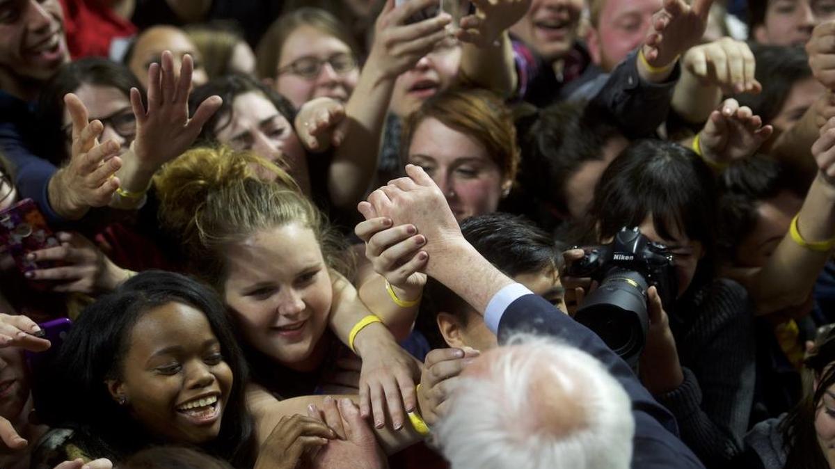 Sen. Bernie Sanders greets supporters at a campaign rally at Temple University in Philadelphia on April 6, 2016.