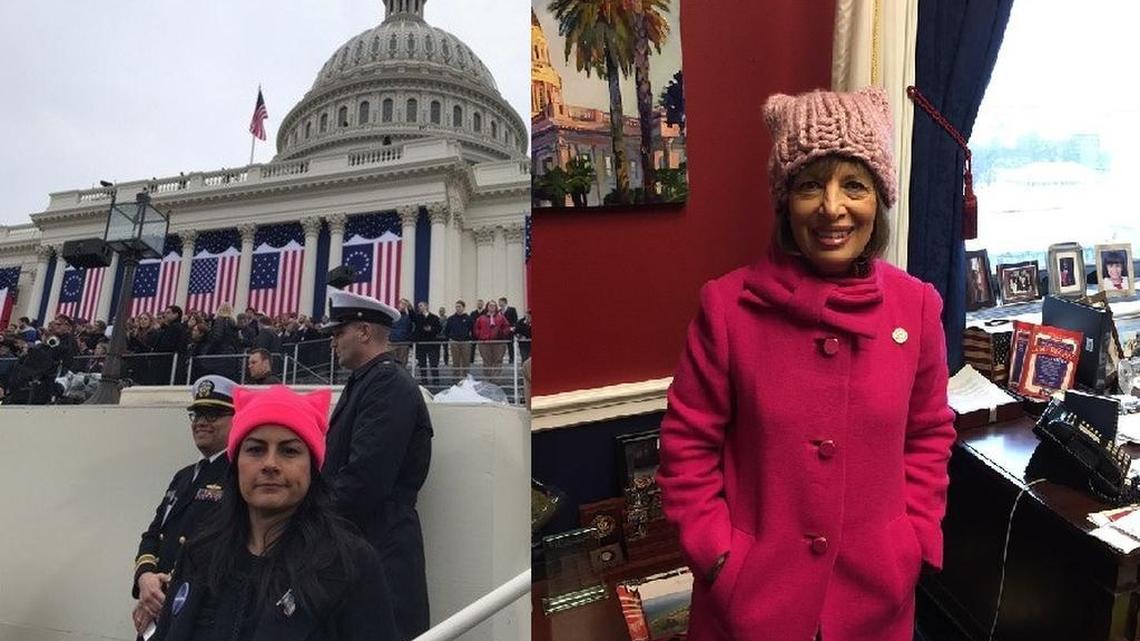 Reps. Nanette Barragán, D-Los Angeles, and Nanette Barragán, D-Hillsborough, both shared pictures on Twitter of the “pussyhats” that they wore to the inauguration on Friday.