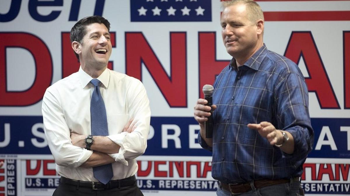 In this Oct. 27, 2016 file photo, House Speaker Paul Ryan, left, visits with Rep. Jeff Denham, R-Turlock, and campaign workers at Denham’s campaign headquarters.