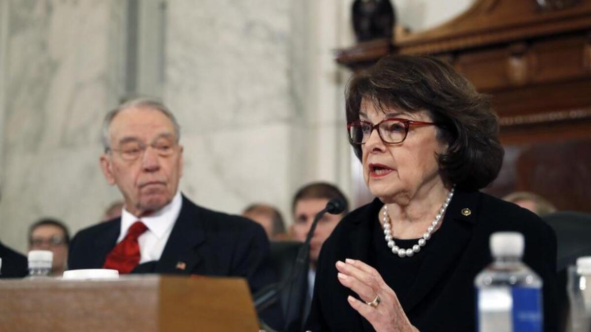 Senate Judiciary Committee Chairman Sen. Charles Grassley, R-Iowa listens at left, as the committee's ranking member, Sen. Dianne Feinstein, D-Calif. questions Attorney General-designate, Sen. Jeff Sessions, R-Ala. during Sessions confirmation hearing before the copmmittee, Tuesday, Jan. 10, 2017, on Capitol Hill in Washington.