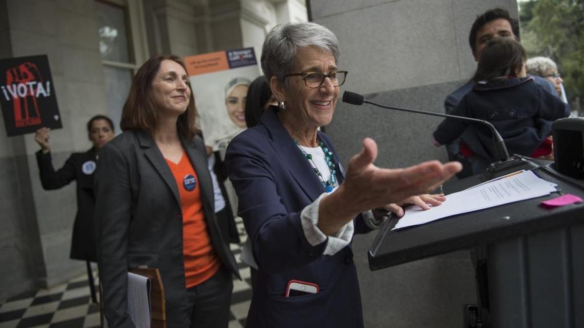 Sen. Hannah-Beth Jackson, D-Santa Barbara, spoke at a rally on Mar., 10, 2016 at the Capitol.