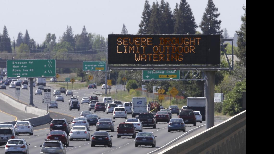 
Motorists pass a sign, Thursday, April 2, 2015, in Rancho Cordova, Calif., reminding them to reduce water use due to the statewide drought, as they drive on Highway 50. The state’s increasing population coupled with drought are putting new pressure on the water supply.
