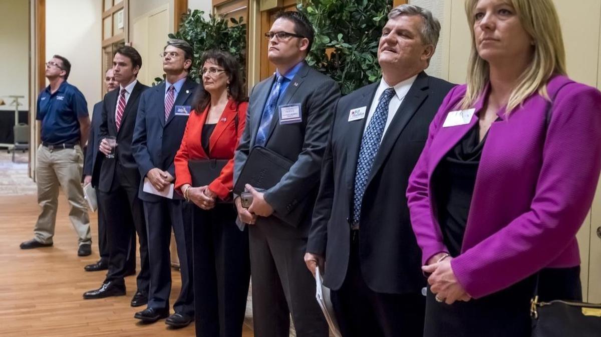Candidates line up before before the 6th Assembly District Republican debate this month in Roseville. Eleven people –including eight Republicans – are seeking the open seat.