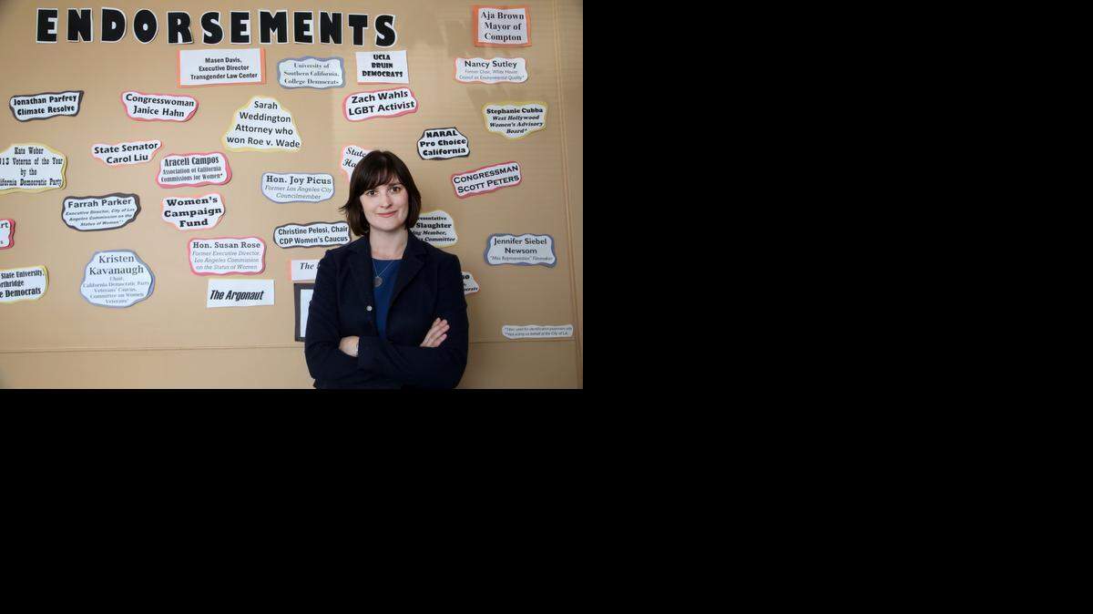 
Sandra Fluke, a candidate for state Senate, stands in her campaign office in Los Angeles in July 2014. Fluke lost the race and her campaign reported more than $140,000 in outstanding debt at the end of 2014.
