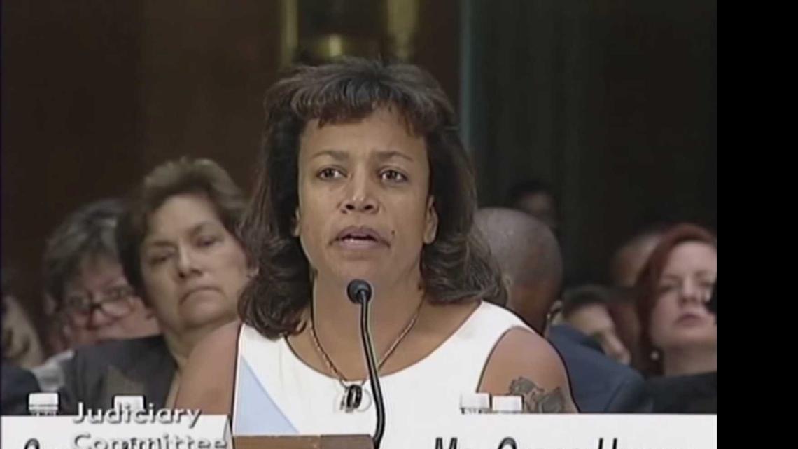 
Susan Oliver talks to a Senate hearing on policies that shield illegal immigrants. 
