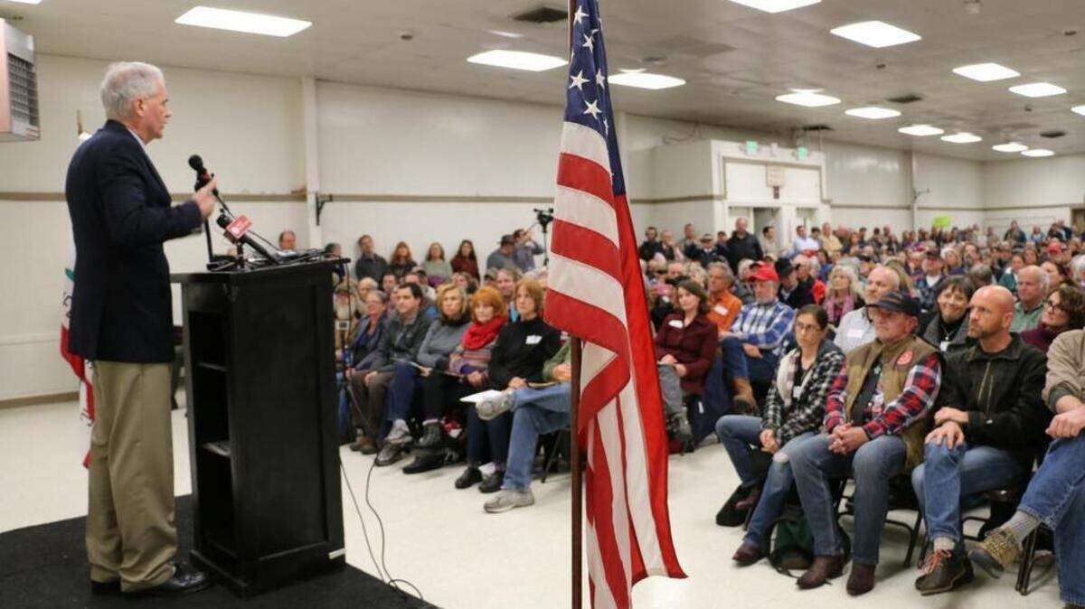 Republican Congressman Tom McClintock speaks at a town hall meeting in Mariposa Tuesday night.