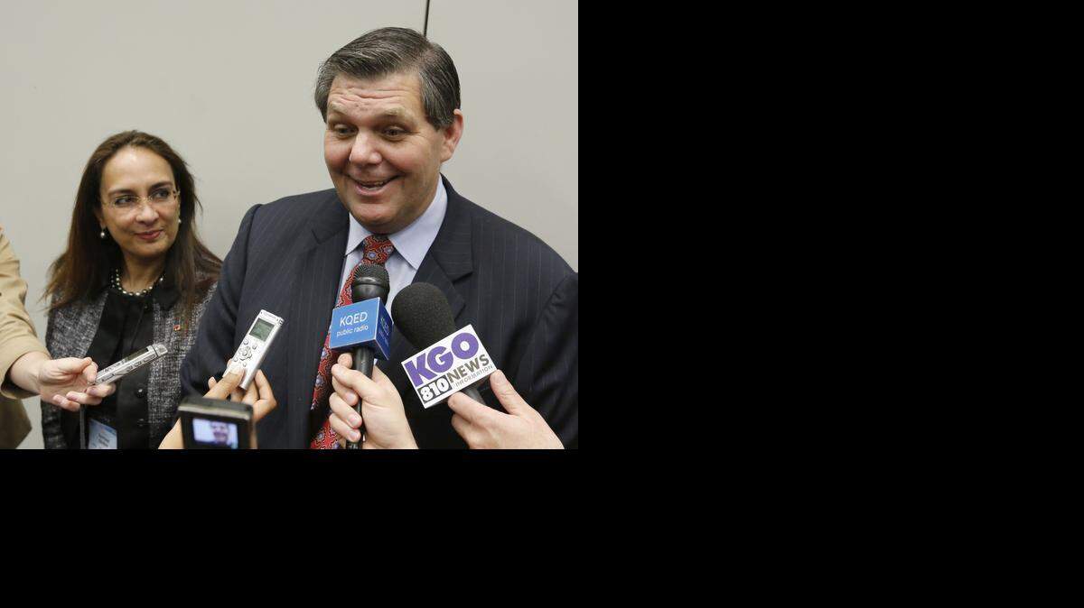 
In this March 3, 2013 file photo former state Senator Jim Brulte, of Rancho Cucamonga, talks with reporters after being elected California Republican Party chairman during the CRP convention held in Sacramento.
