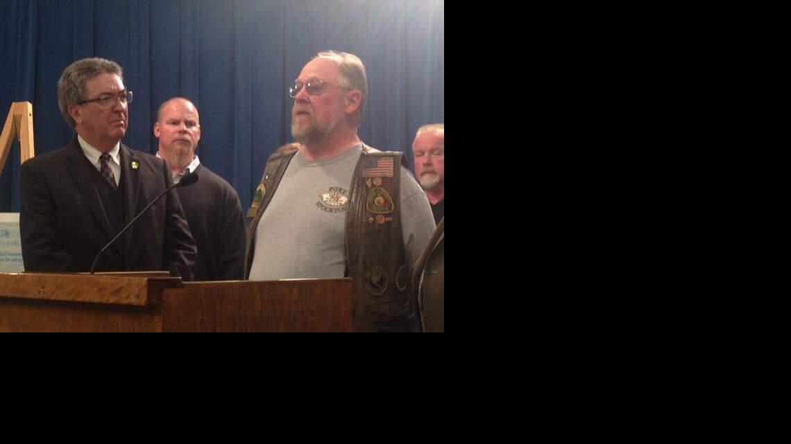 
Assemblyman Ken Cooley, D-Rancho Cordova, watches William Wollner of the American Motorcyclist Association during a press conference in Sacramento on February 17, 2015. In the background left to right: Rodney Grenier, Modified Motorcycle Association of California, and Greg Coppes, Biker Rights Organization of California.
