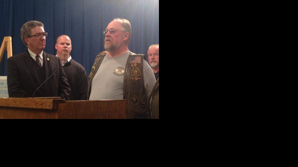 
Assemblyman Ken Cooley, D-Rancho Cordova, watches William Wollner of the American Motorcyclist Association during a press conference in Sacramento on February 17, 2015. In the background left to right: Rodney Grenier, Modified Motorcycle Association of California, and Greg Coppes, Biker Rights Organization of California.
