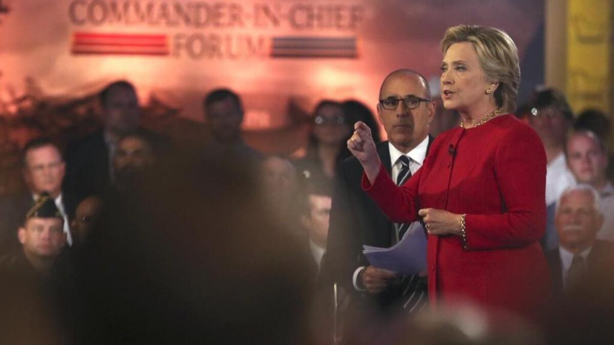 Democratic presidential candidate Hillary Clinton speaks during a "commander-in-chief forum" hosted by NBC in New York on Sept. 7, 2016.
