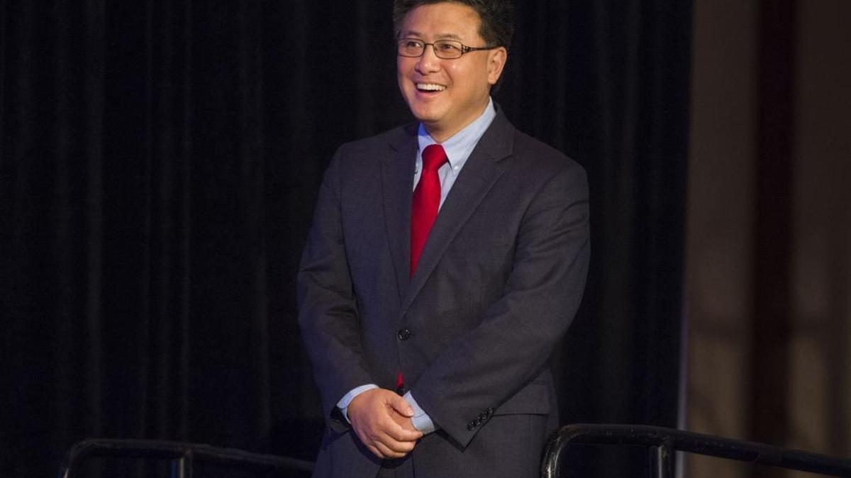 State Treasurer John Chiang, a candidate for governor of California in 2018, is introduced during a breakfast meeting at the Marriott Hotel in Downtown Philadelphia with California delegates during the Democratic National Convention on Monday, July 25, 2016.