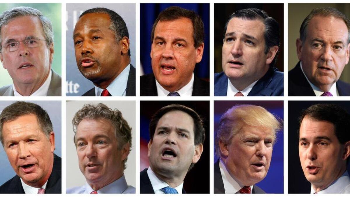 
This combination of photos, from top left, shows Republican presidential candidates Jeb Bush, Ben Carson, Chris Christie, Ted Cruz, Mike Huckabee and from bottom left, John Kasich, Rand Paul, Marco Rubio, Donald Trump and Scott Walker. The candidates are scheduled to participate in a Fox News Channel Republican presidential debate on Thursday, Aug. 6, 2015.
