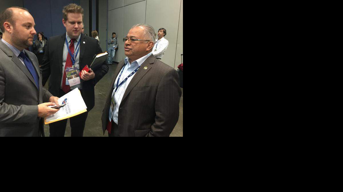 
Assemblyman Rocky Chávez, R-Oceanside, right, talks with leaders of the gay GOP organization Log Cabin California, Charles Moran, center, and John Musella, on Sunday at the California Republican Party convention in Sacramento.
