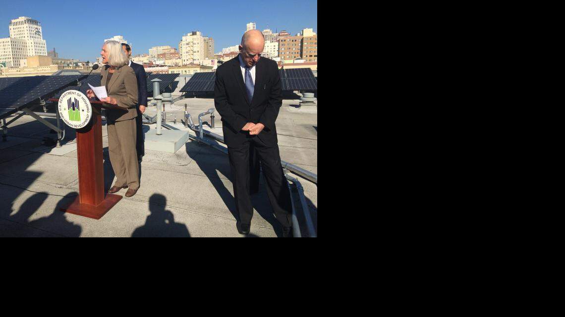 
Gov. Jerry Brown attends a news conference on a rooftop filled with solar panels in San Francisco on Thursday, Jan. 29, 2015.
