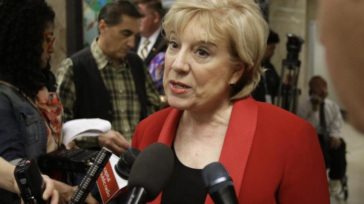 California Senate Minority Leader Jean Fuller, R-Bakersfield, talks to reporters about Gov. Jerry Brown’s revised 2016-17 state budget plan released Friday, May 13, 2016, in Sacramento.