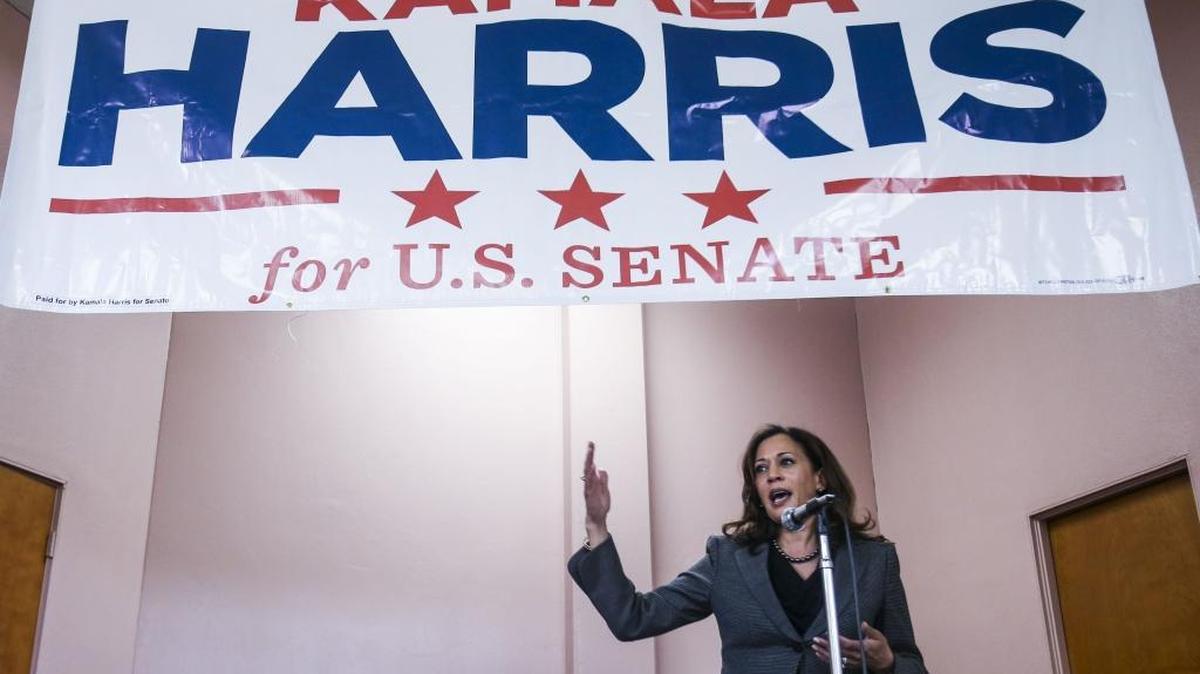 Kamala Harris speaks during a meet and greet event Sunday near downtown Los Angeles.