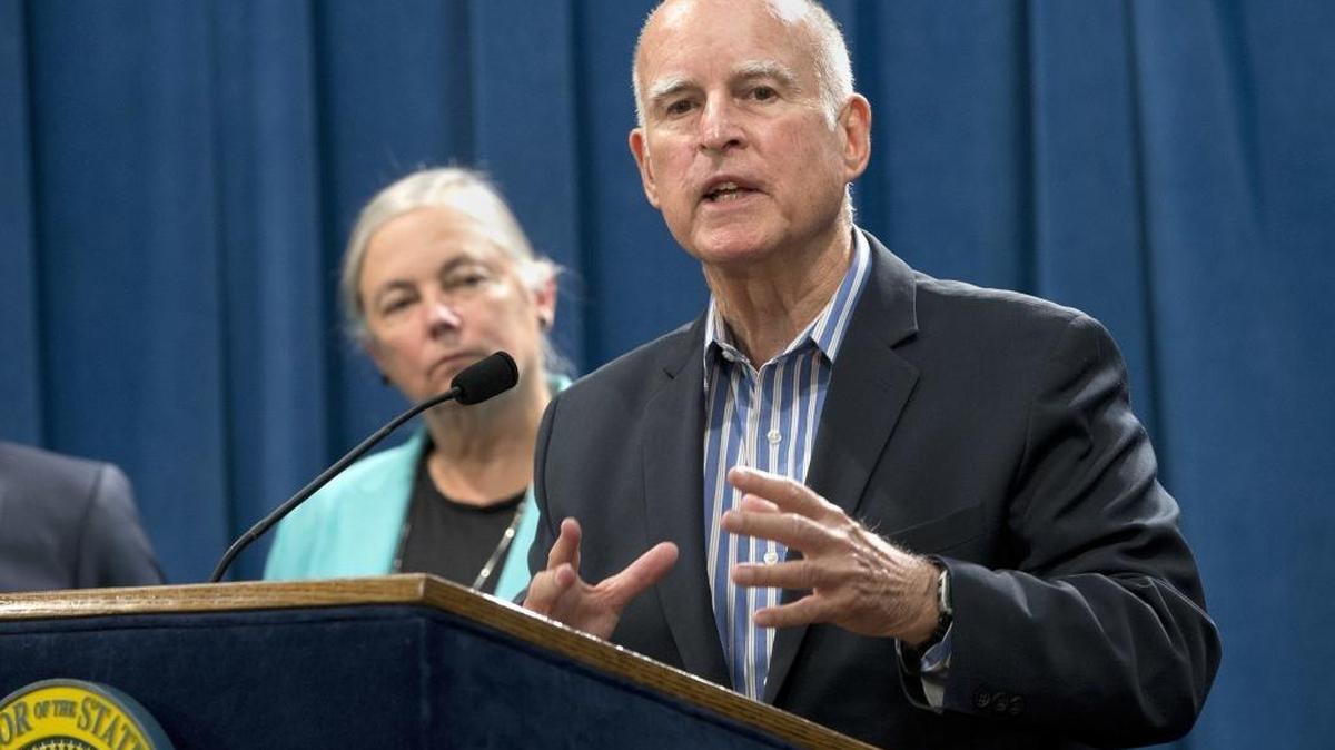 Gov. Jerry Brown discusses the passage of a measure for a 10-year extension of the state's landmark climate change law during a news conference, Wednesday, Aug. 24, 2016, in Sacramento, Calif.