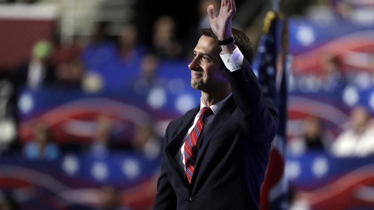 Sen. Tom Cotton, R-Ark., waves as he speaks during the opening day of the Republican National Convention in Cleveland, Monday, July 18, 2016.