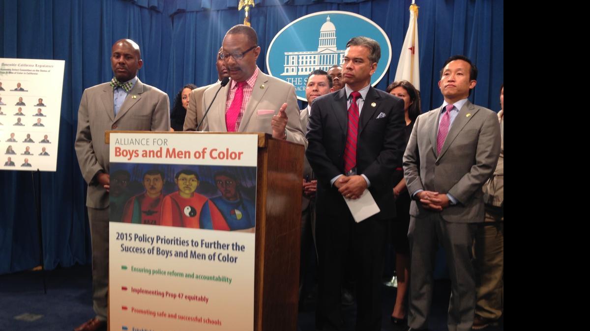 
Assemblyman Reggie Jones-Sawyer, D-Los Angeles, speaks alongside members of the Select Committee on the Status of Boys and Men of Color on Tuesday, May 26, 2015, in Sacramento.
