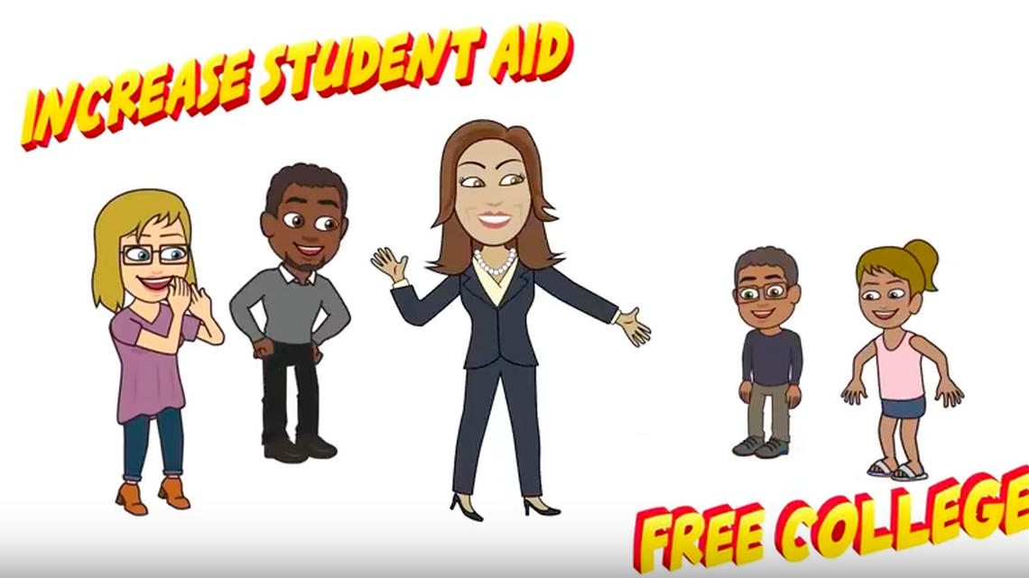 A still image of U.S. Senate candidate Kamala Harris’ digital ad geared toward students and millennial voters, in which she appears as her “Kamoji” avatar.