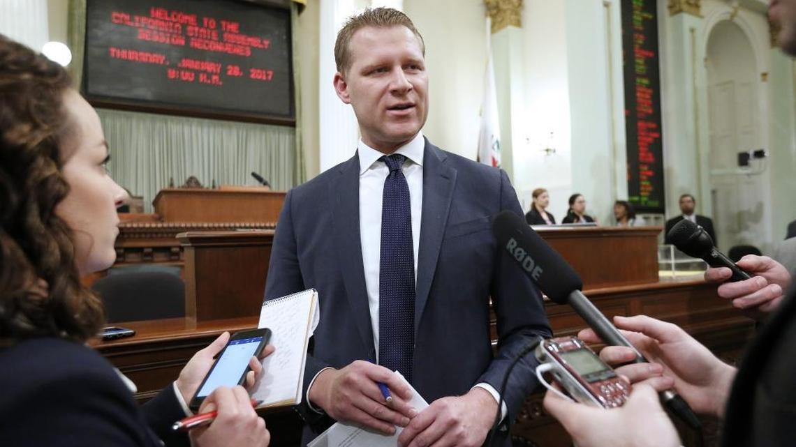 California Assembly Republican Leader Chad Mayes answers questions from the media at the Capitol on Jan. 24, 2017.