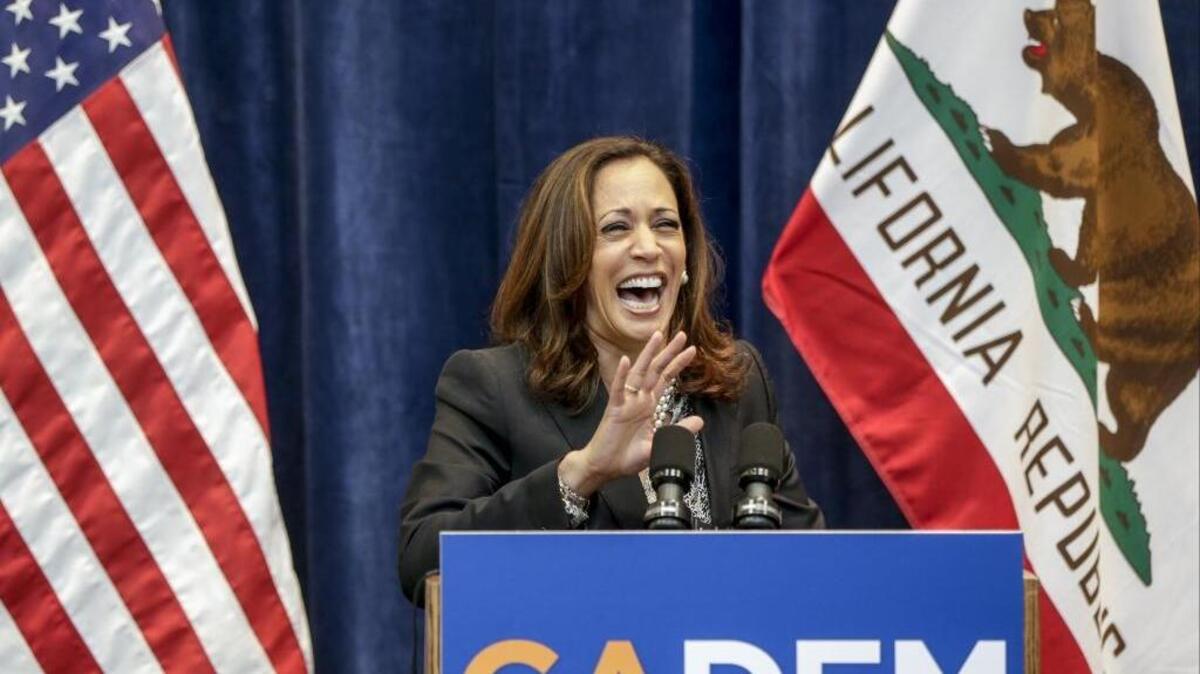 
Attorney General Kamala Harris reacts as she takes questions from the media after addressing California Democrats, who now have a second candidate to consider for the U.S. Senate at the California Democrats State Convention in Anaheim, Calif., on Saturday, May 16, 2015.
