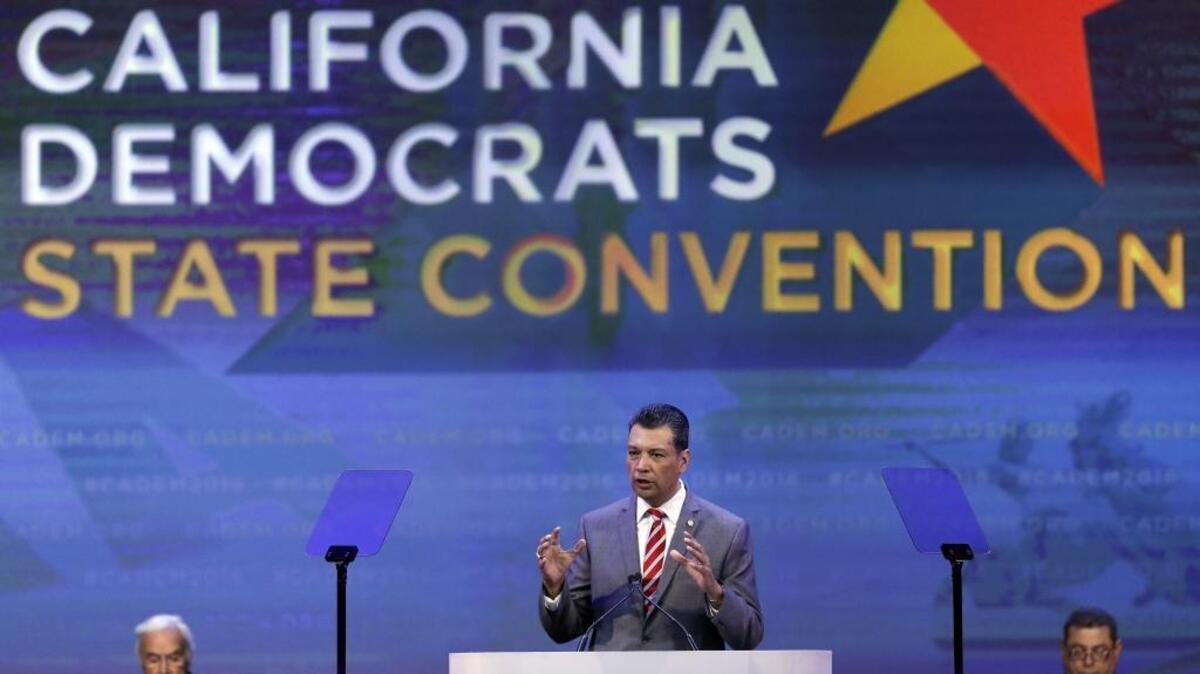 California Secretary of State Alex Padilla speaks at the California Democratic Party’s state convention earlier this year. Republicans criticize Padilla for not certifying valid signature counts to qualify a recall measure against state Sen. Josh Newman, D-Fullerton.