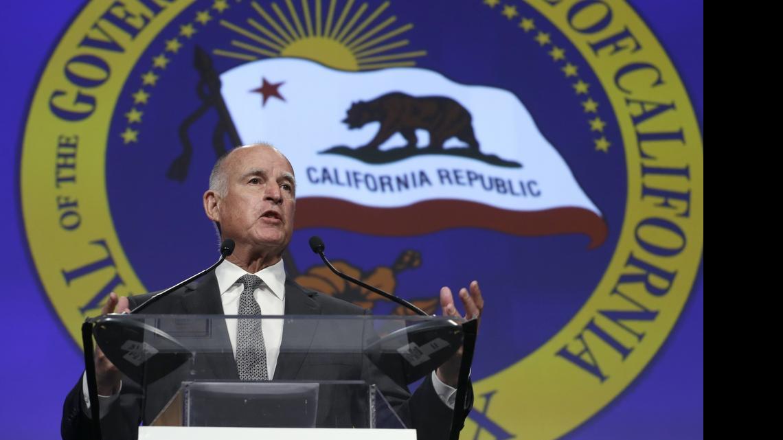 
This May 28, 2015 file photo shows Gov. Jerry Brown speaking at a gathering of political, business and community leaders at the annual California Chamber of Commerce Host Breakfast in Sacramento, Calif.
