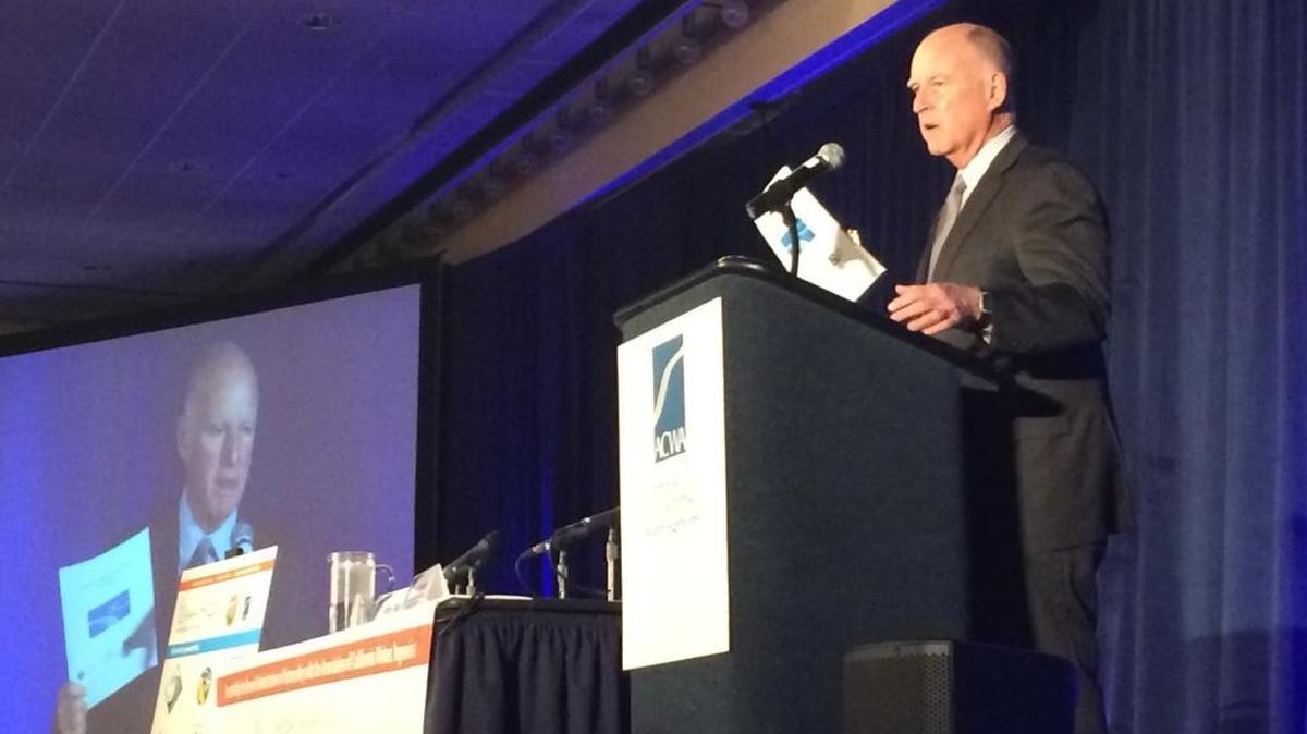 Gov. Jerry Brown speaks to a meeting of water officials in Sacramento on Jan. 14, 2016.