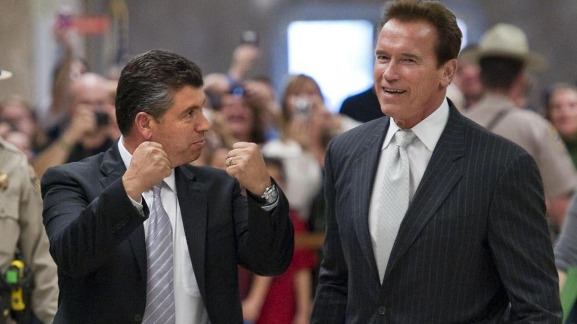 In this 2010 file photo, then state Sen. Abel Maldonado, R-Santa Maria, and Gov. Arnold Schwarzenegger head to a press conference.