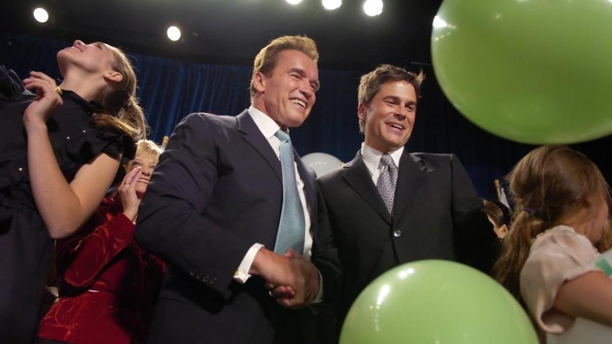 
Then-Gov. Arnold Schwarzengger, greets actor Rob Lowe onstage at his election night victory party at the Beverly Hills Hilton, Tuesday Nov. 7, 2006.
