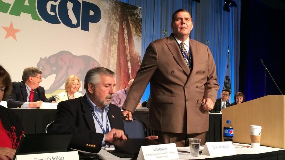 
California Republican Party Chairman Jim Brulte prepares to address activists at the party’s fall convention in Anaheim on Sunday.
