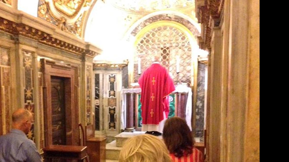 
In this photo published on Twitter by Nancy McFadden, who is Gov. Jerry Brown’s chief of staff, Brown, McFadden and Anne Gust Brown attend Mass at St. Peter’s Basilica in Vatican City. Officiating was Monsignor Laurence Spiteri.
