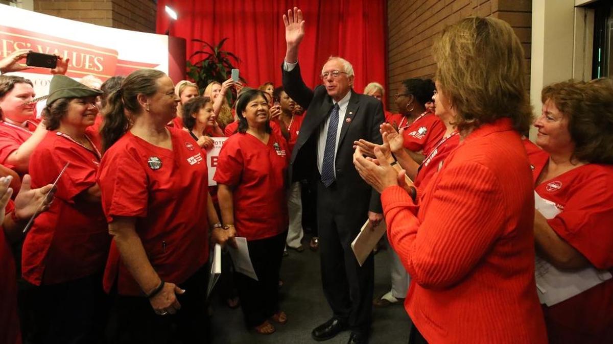 Sen. Bernie Sanders greets nurses during the “Brunch with Bernie” event at the National Nurses United office in Oakland, Calif., on Monday, Aug. 10, 2015.