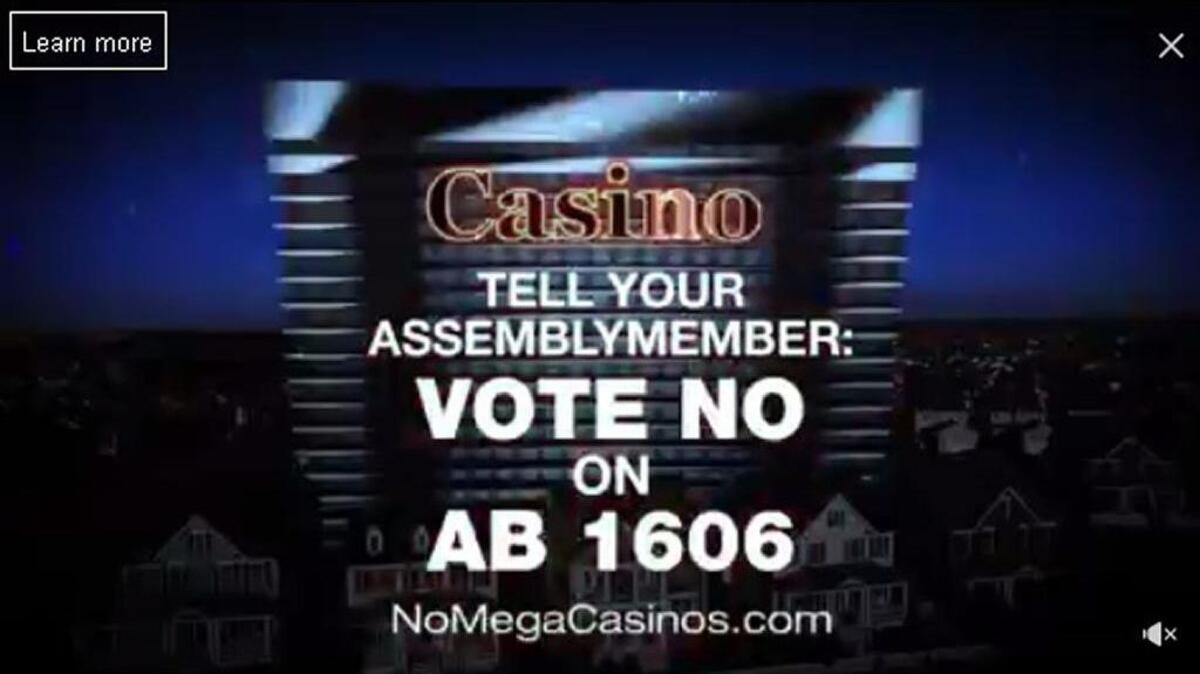 A screen shot from an online ad urging opposition to AB 1606, the bill that would ratify the state’s compact with Wilton Rancheria, which plans to build an Elk Grove casino.