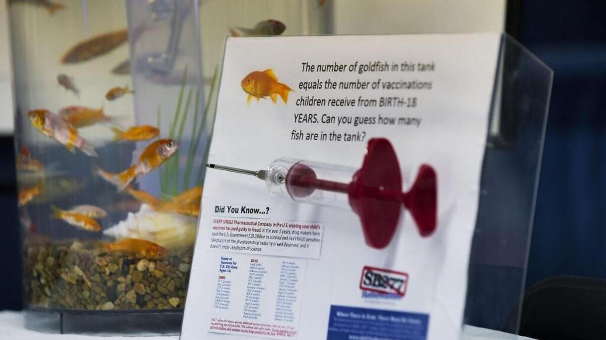 
A fish tank filled with 50 goldfish - equal to the number of vaccine injections mandated for children up to age 18 is displayed at a booth at the Lodi Grape Festival in Lodi on Friday, September 18, 2015. 
