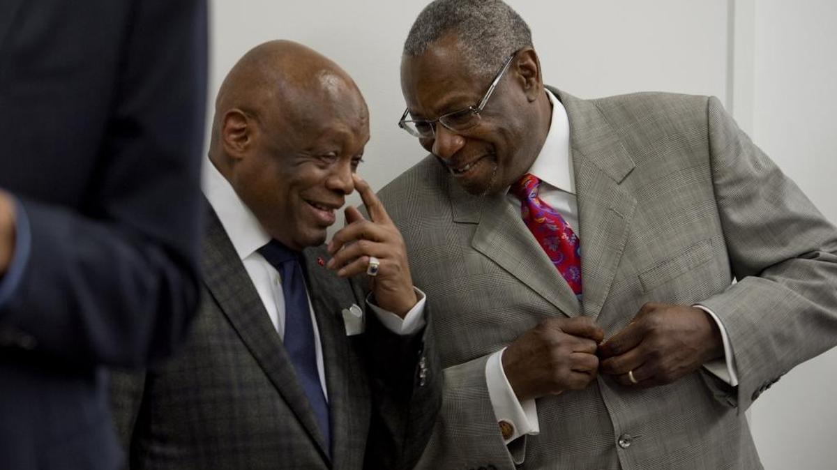 
Former Assembly Speaker Willie Brown, seen in February with baseball’s Dusty Baker, has been consulting with California legislators about medical marijuana legislation. 
