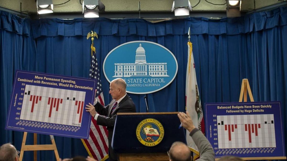 Gov. Jerry Brown uses charts to outline his proposed 2016-17 budget. The budget pegs unfunded retiree health care debt at $71.8 billion.