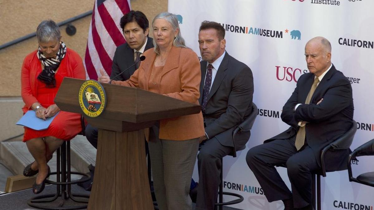 State Sen. Fran Pavley, D-Agoura Hills the author of AB32, discusses the landmark global warming bill during a 10th anniversary celebration of the bill’s signing with former Gov. Arnold Schwarzenegger, California Air Resources Board chair Mary Nichols, Senate President Pro Tem Kevin de Leon, D-Los Angeles, and Gov. Jerry Brown on Wednesday, Oct. 5, 2016, in Sacramento, Calif.