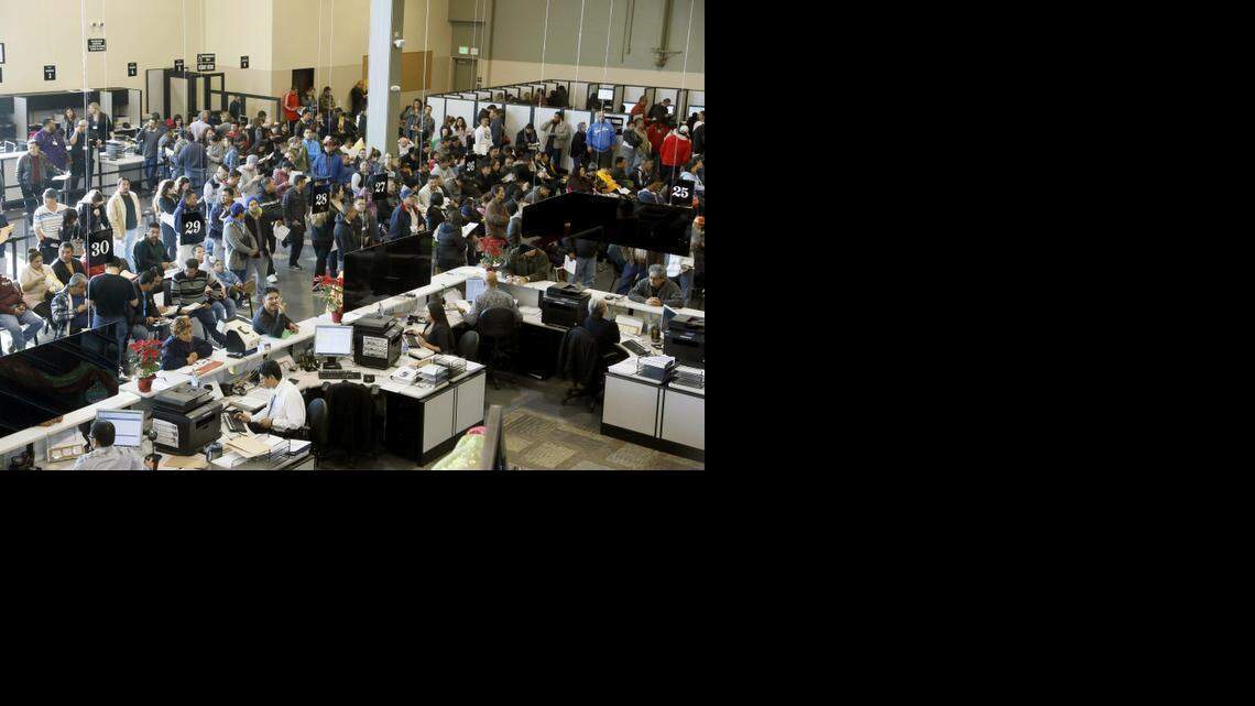 
Immigrants line up at a California Department of Motor Vehicles office to register for drivers licenses in Stanton, Calif., Friday, Jan. 2, 2015. 
