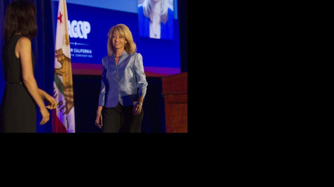
Fresno Mayor Ashley Swearengin, right, enters the stage with Orange County Supervisor Michelle Park Steel at the state GOP convention last September.
