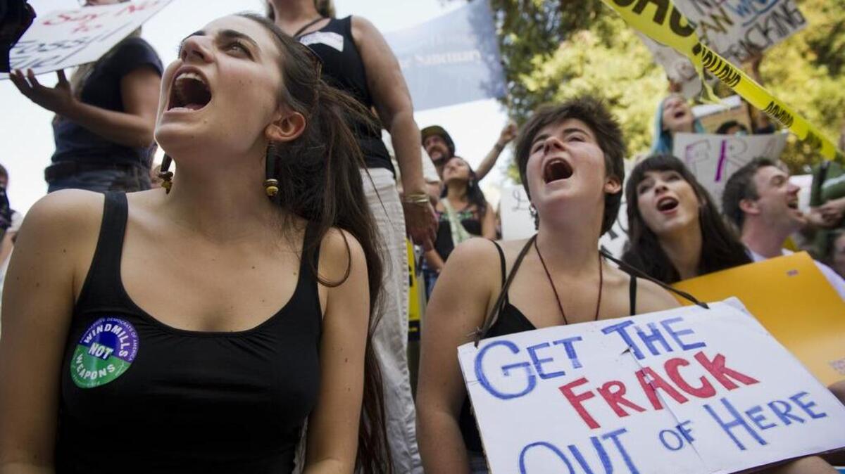 
Students protest the Brown administration's failure to stop fracking in California during a rally at the State Capitol in March 2014.
